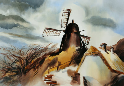 Mick Benson's "Borglum Windmill," an entry in our 24th National Watermedia Exhibition. The impressionistic watercolor features a windmill set on a hill against a gray sky. A house and walkway sit in the foreground.