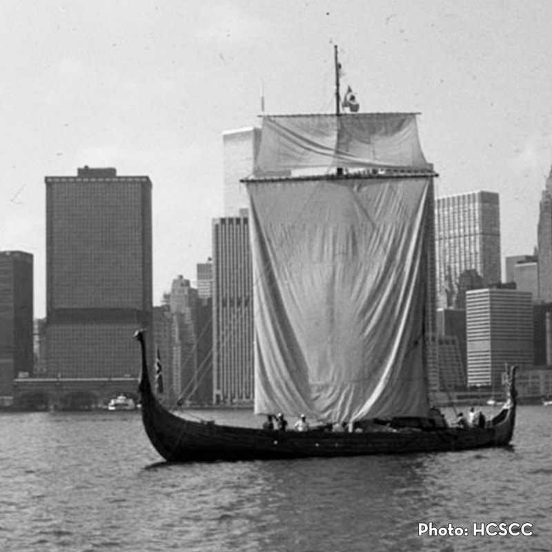 The Hjemkomst sailing in New York Harbor. The New York skyline soars in the background (Photo: HCSCC).