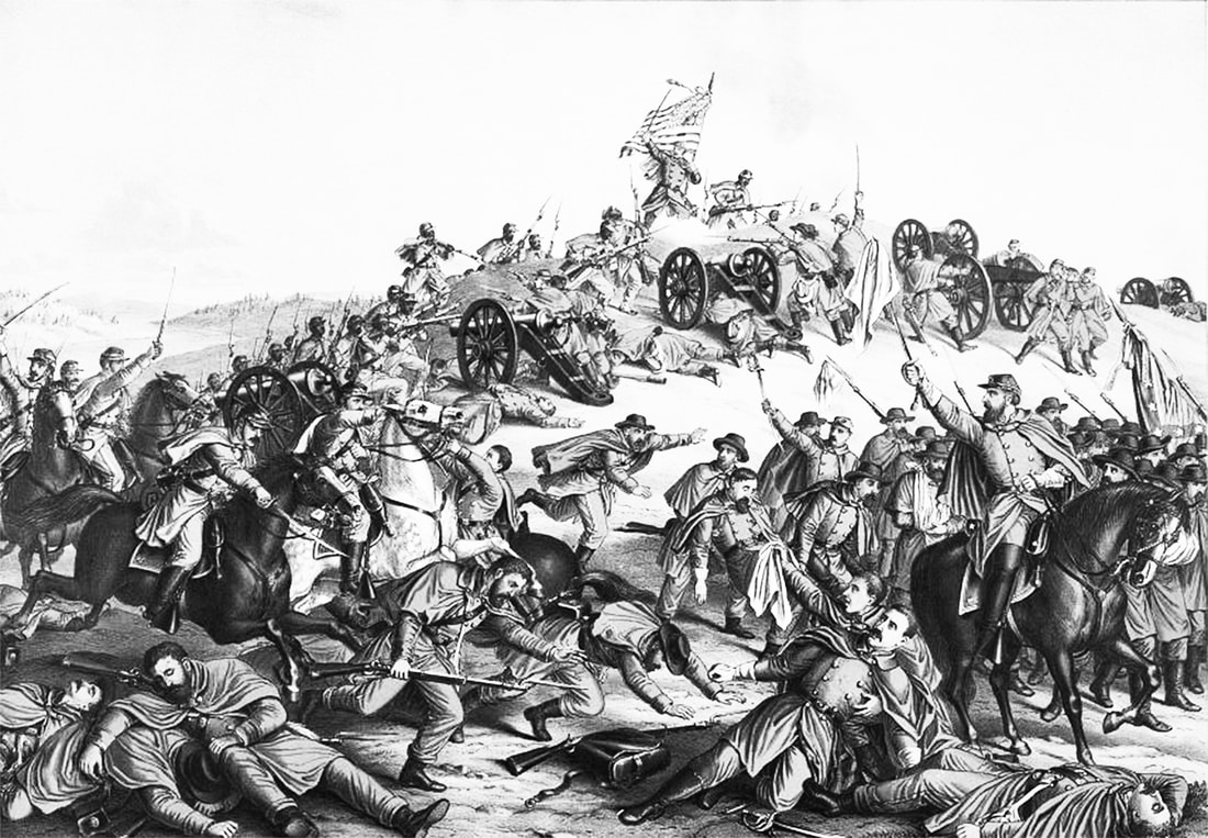 Image: an 1888 chromalithograph detailing the Battle of Nashville. Confederate soldiers are shown in various stages of death in the foreground. Union troops, including the USCT, overtake them from a hill.