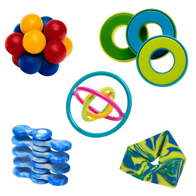 Picture of five different fidget tools in various shapes and colors.