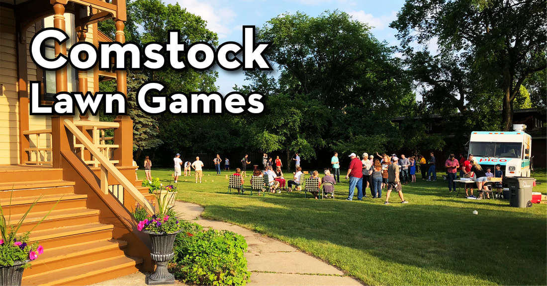 Image: a photograph of Lawn Games at the Comstock House. The house sits to the right, Pico Food Truck on the left, and crowds playing games in the foreground.