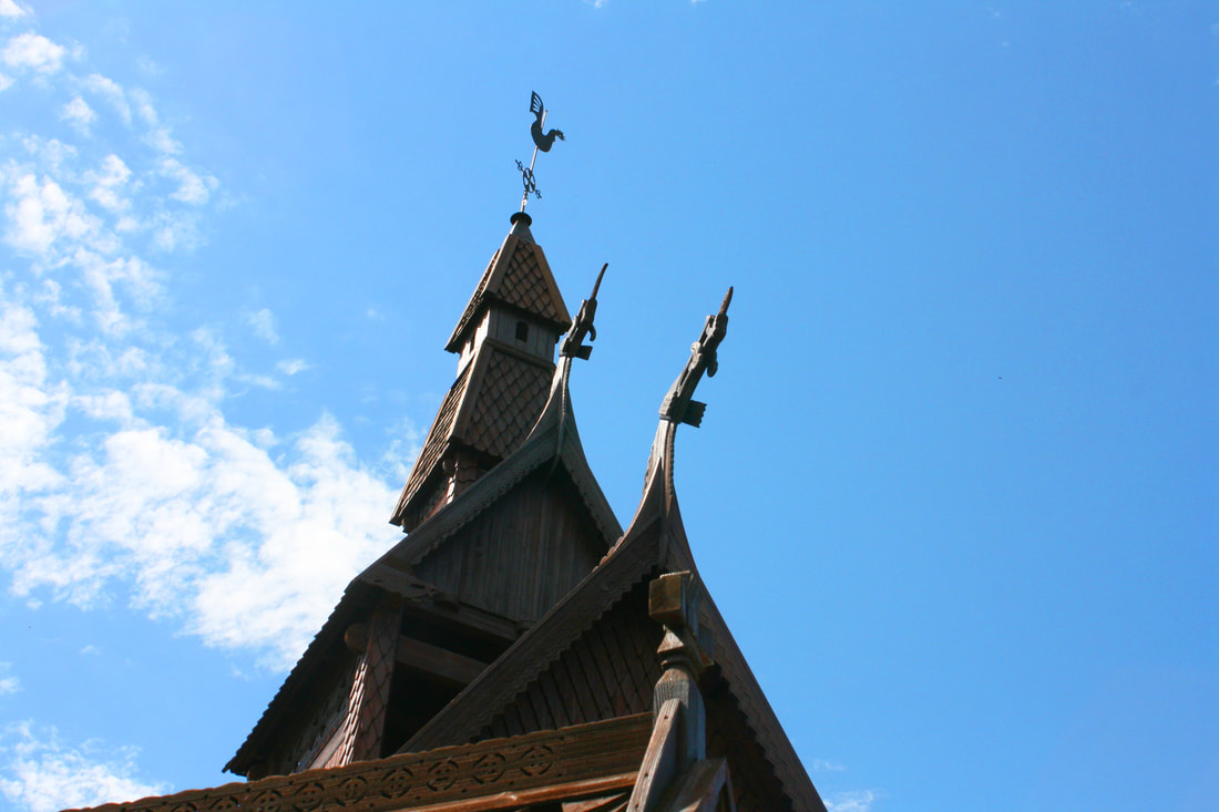 A closeup of the Hopperstad roof peaks and weather vane. The weather vane has since been moved inside for display (HCSCC photo).