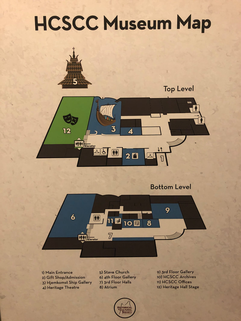 Graphic: Map of the main level and bottom level of the Hjemkomst Center museum. Spaces are designated by number with a corresponding key at the bottom of the map. 